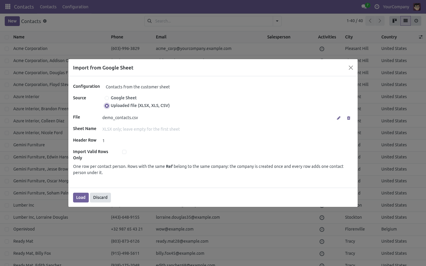 The start dialog: configuration preselected, source switched to an uploaded CSV file, header row and the instructions written by the administrator.