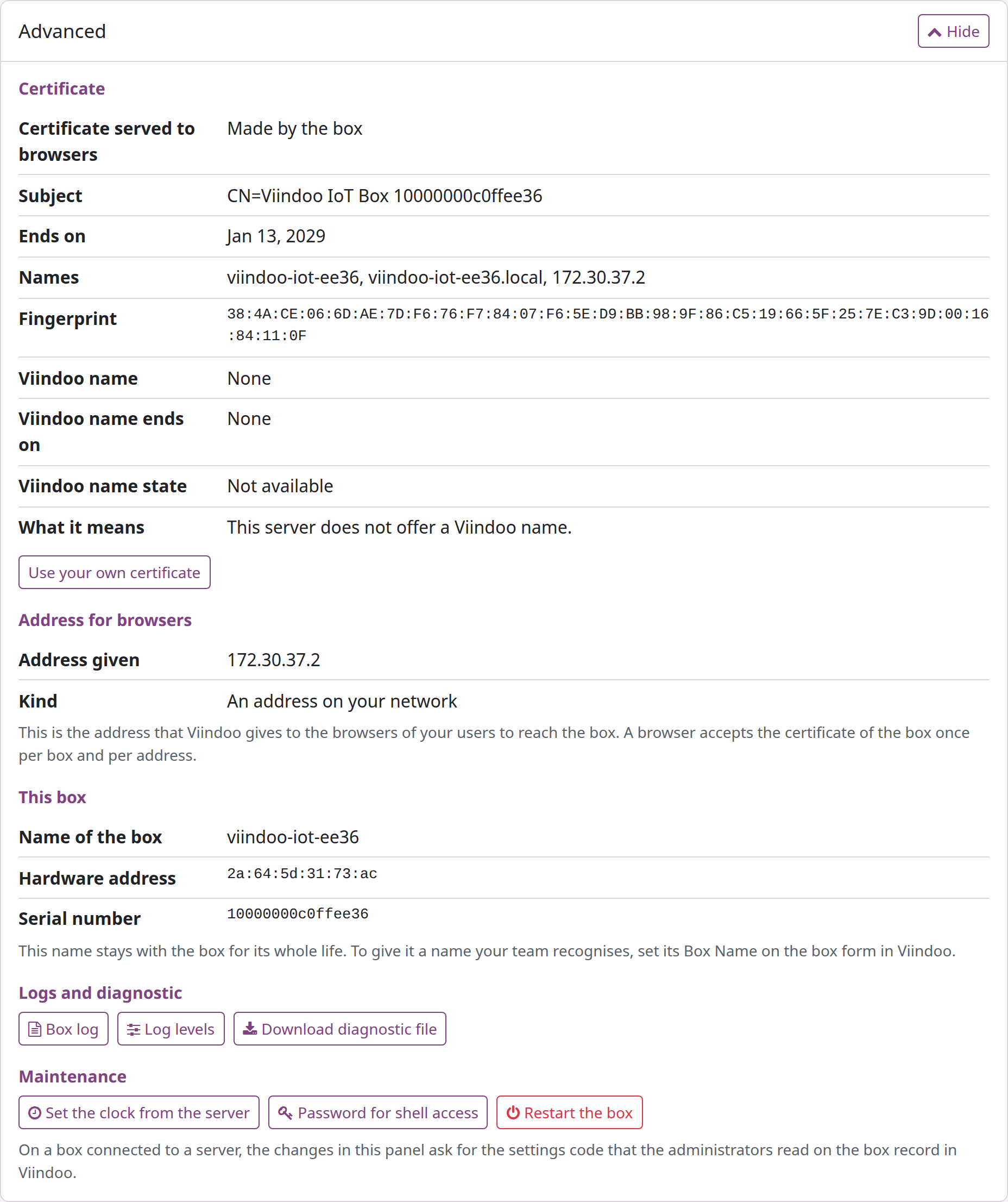 Advanced section of the box page with the certificate, the address for browsers, the box name and its hint, logs and maintenance buttons