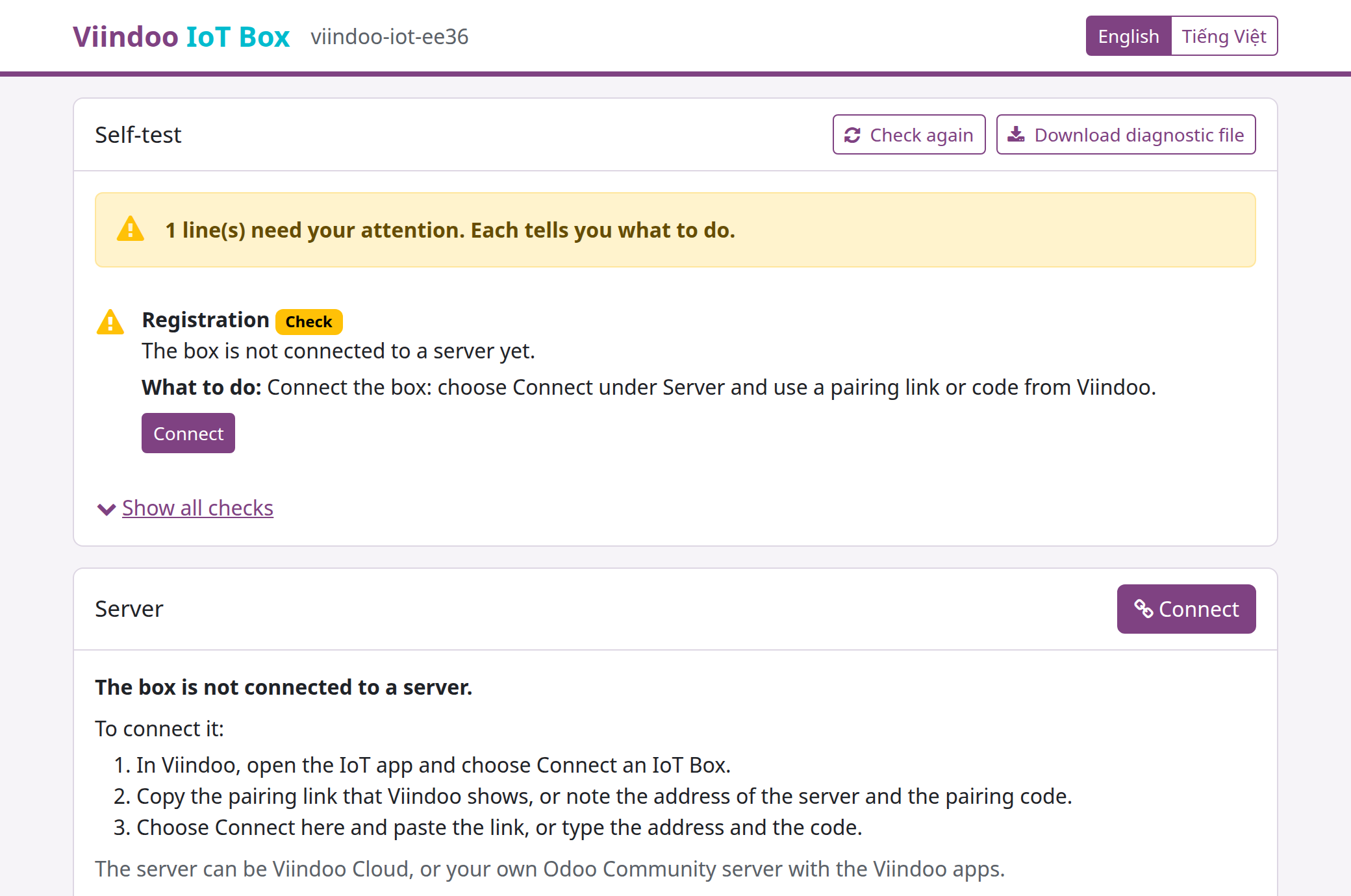 Box page of a new box: the self-test asks to connect the box, and the Server section explains how
