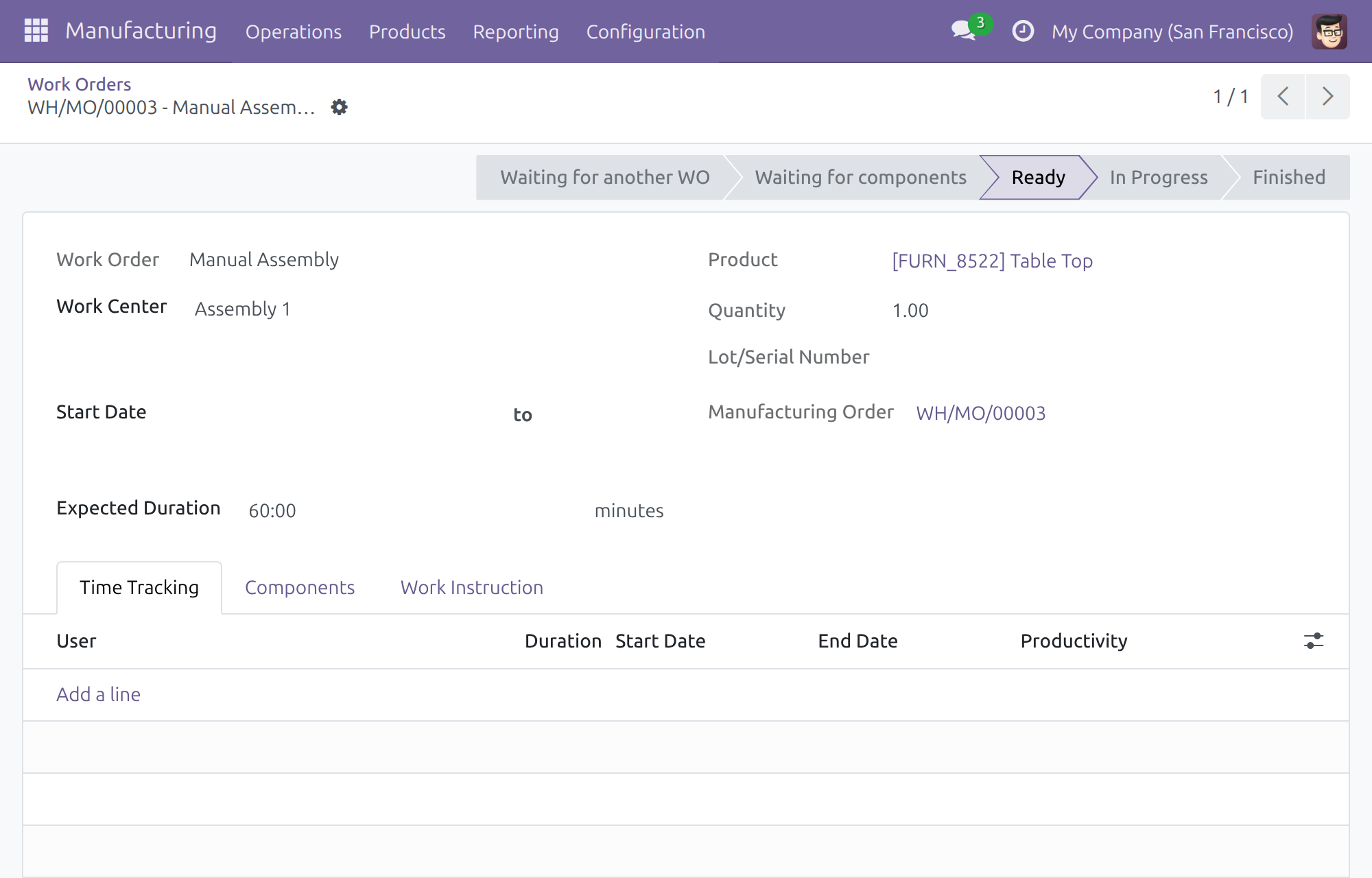 A work order at a station without IoT devices: no Print Label or Read Scale button.
