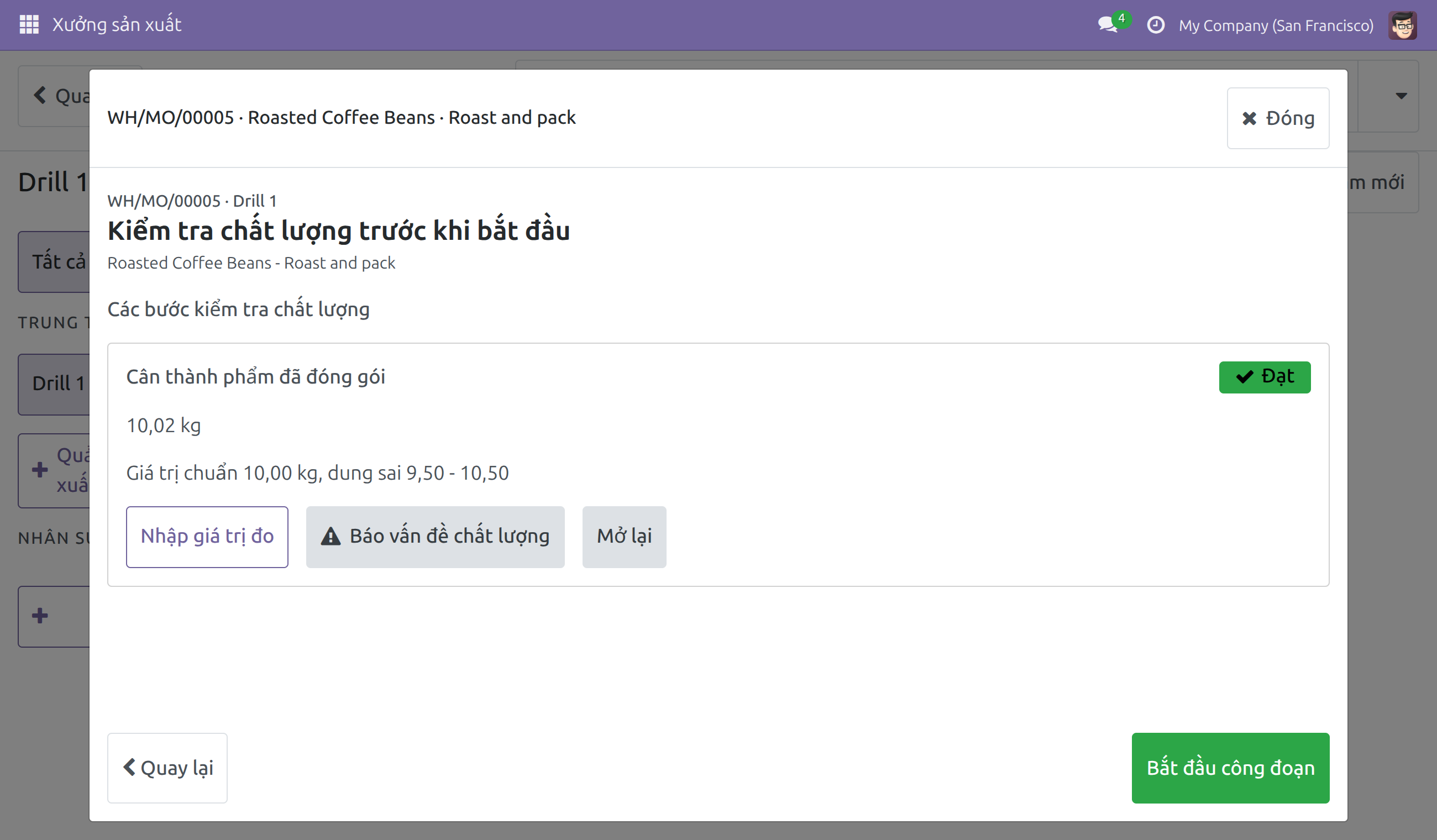 Một bước chất lượng trên màn hình Điều hành xưởng sản xuất đã đạt với giá trị đọc từ thiết bị đo