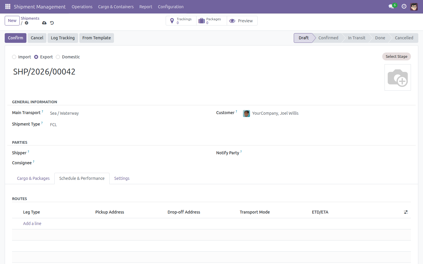 The empty Routes table on the Schedule and Performance tab