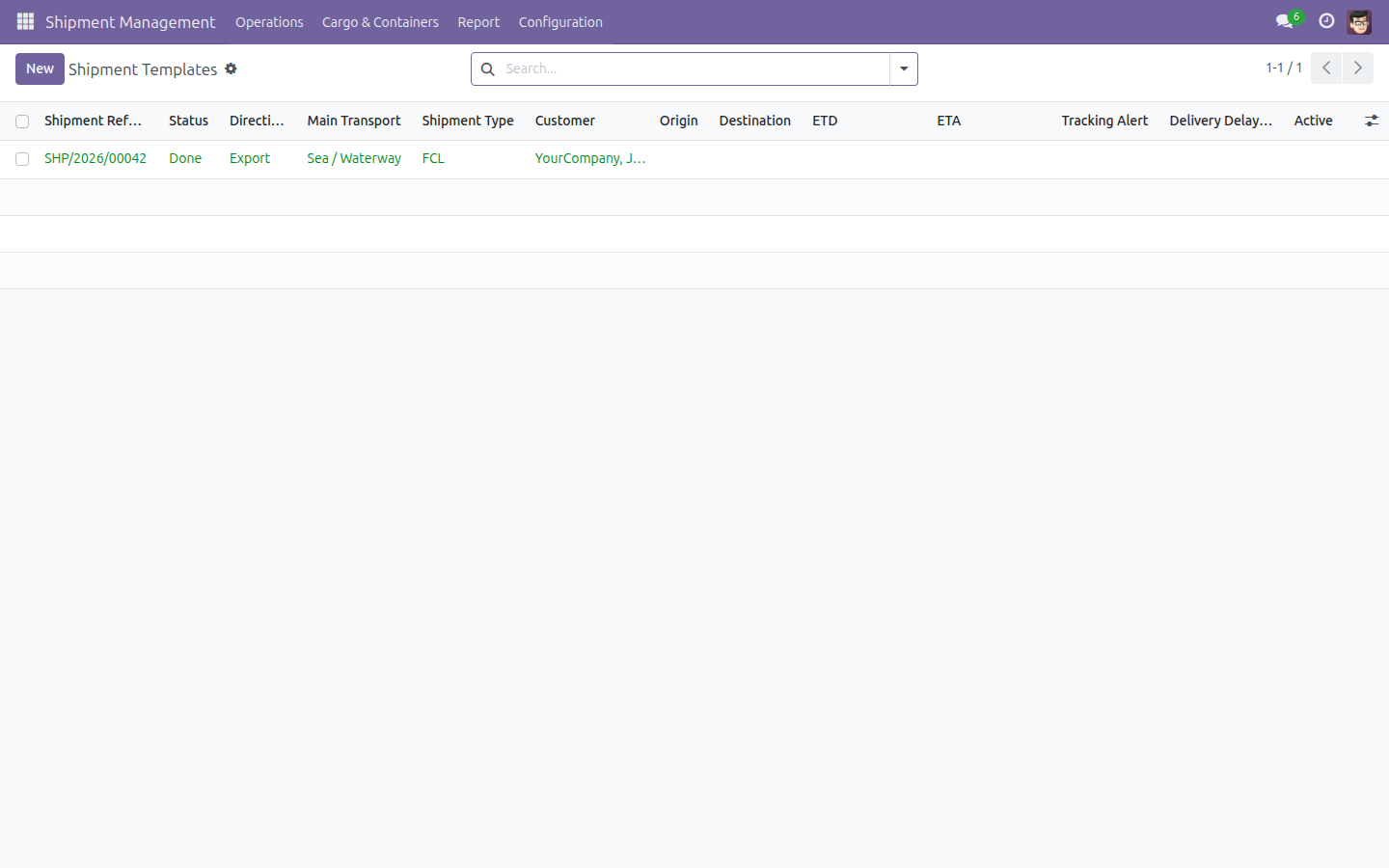 An archived shipment listed under Shipment Templates