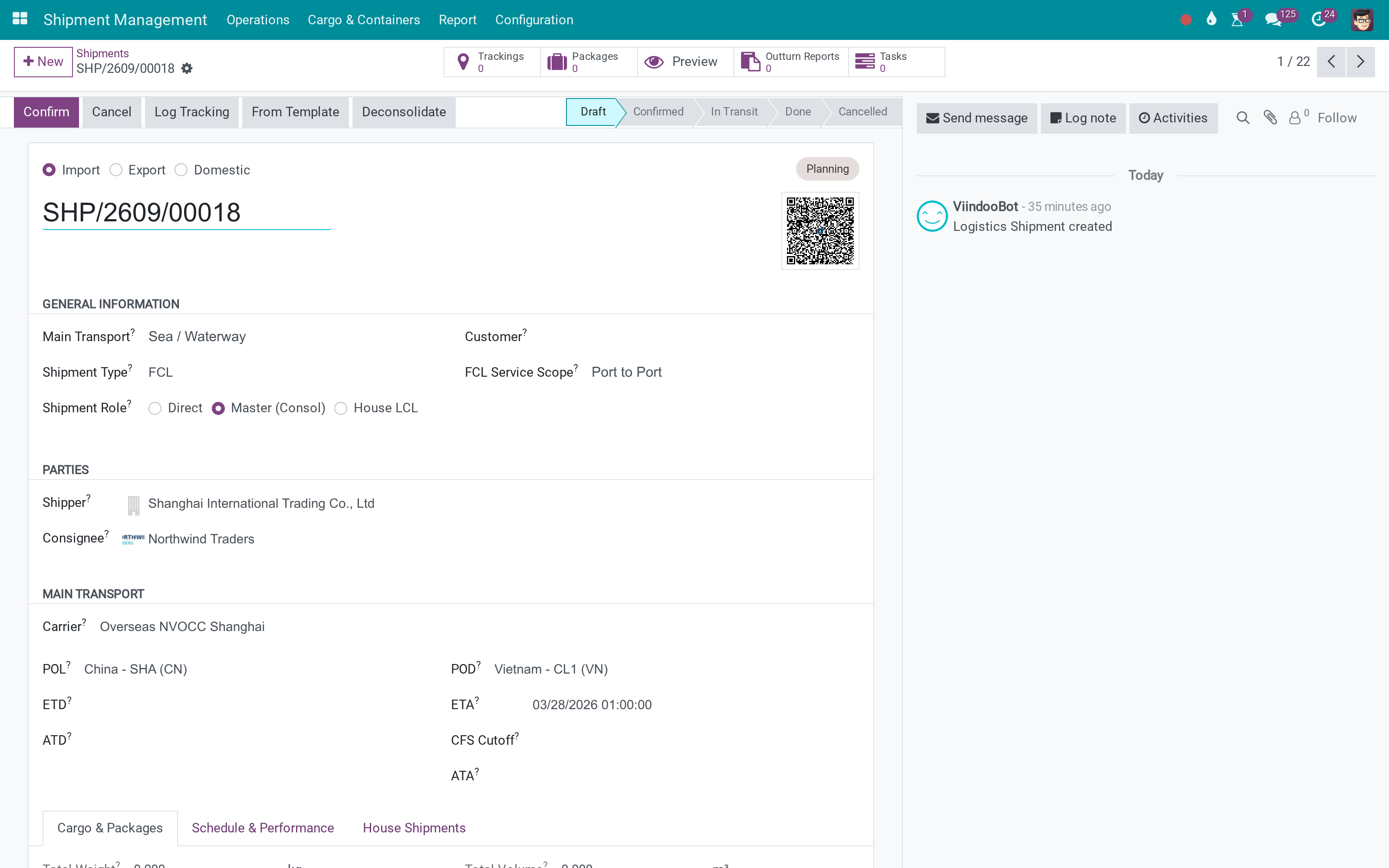 Shipment cost and revenue in the analytic ledger