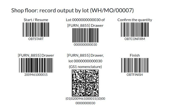 Part of the demo barcode sheet: start code, lot, product barcode, GS1 label and finish code of the Drawer order