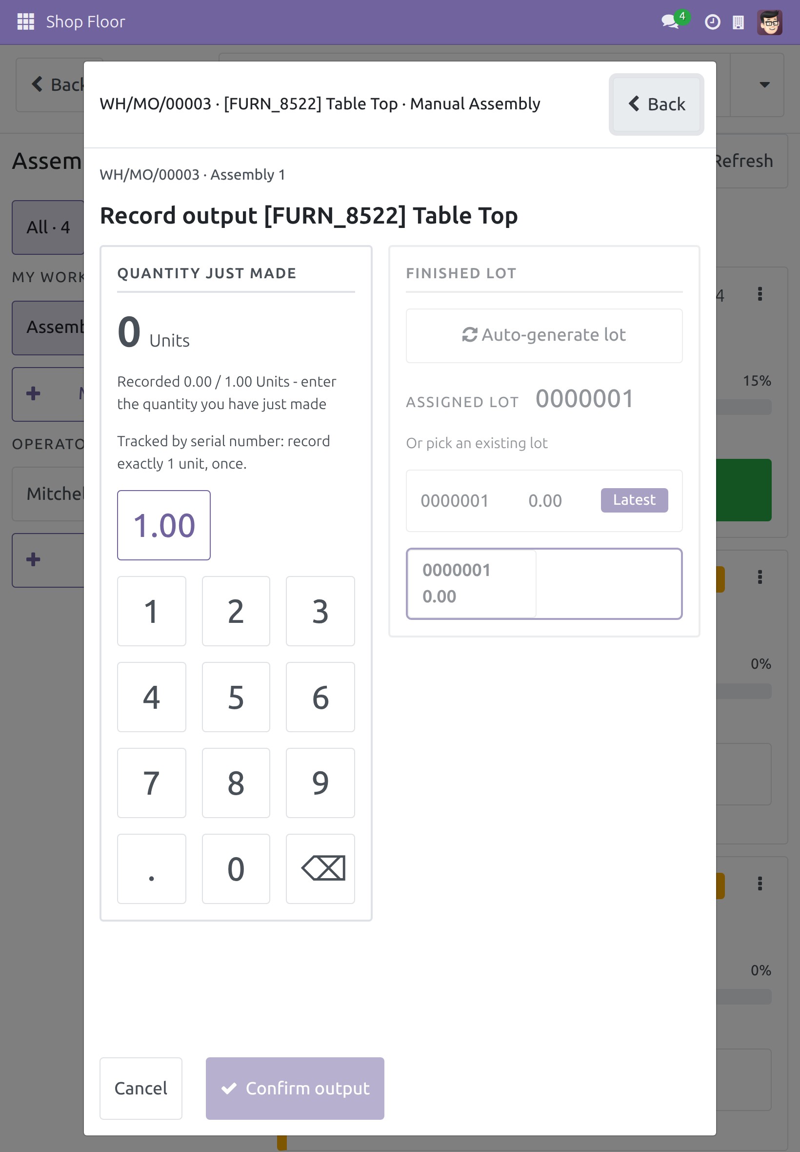 Record output screen with a generated serial number under ASSIGNED LOT