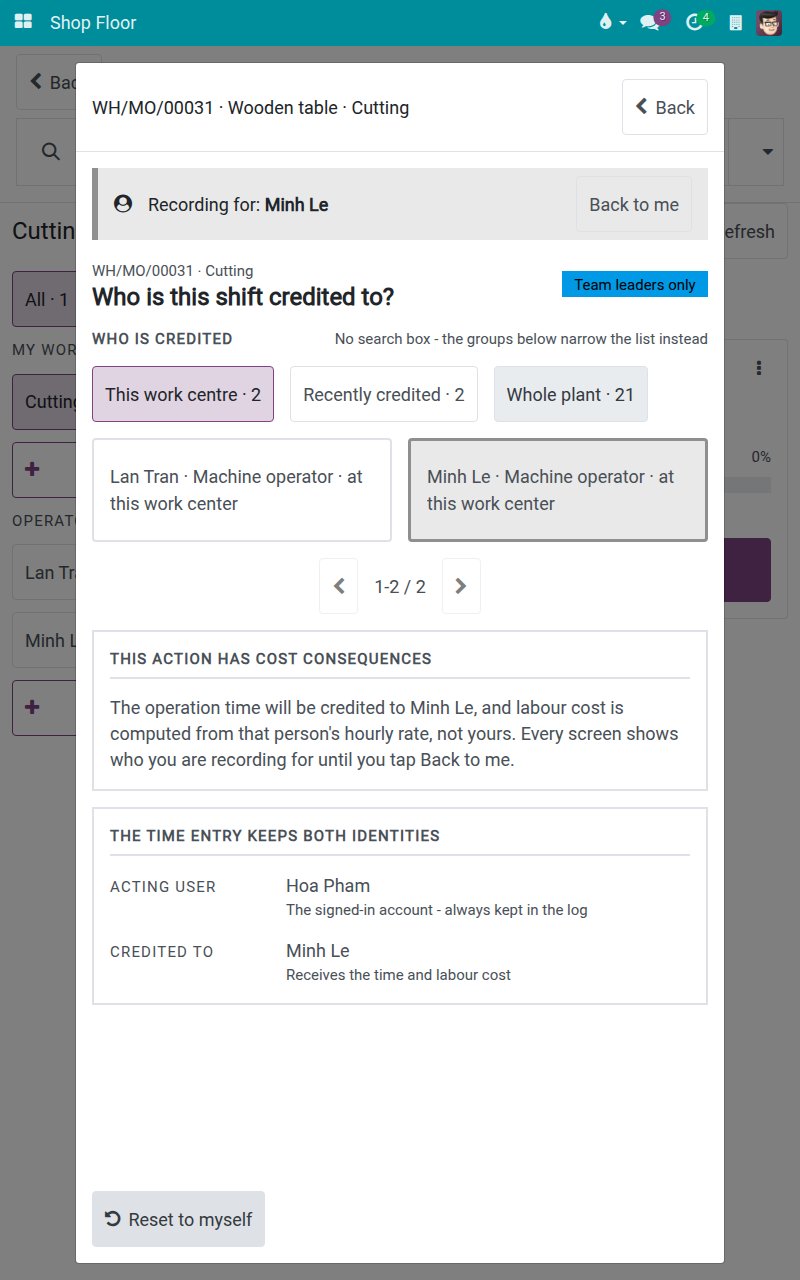 The On behalf picker with the labour-cost note and the credited employee
