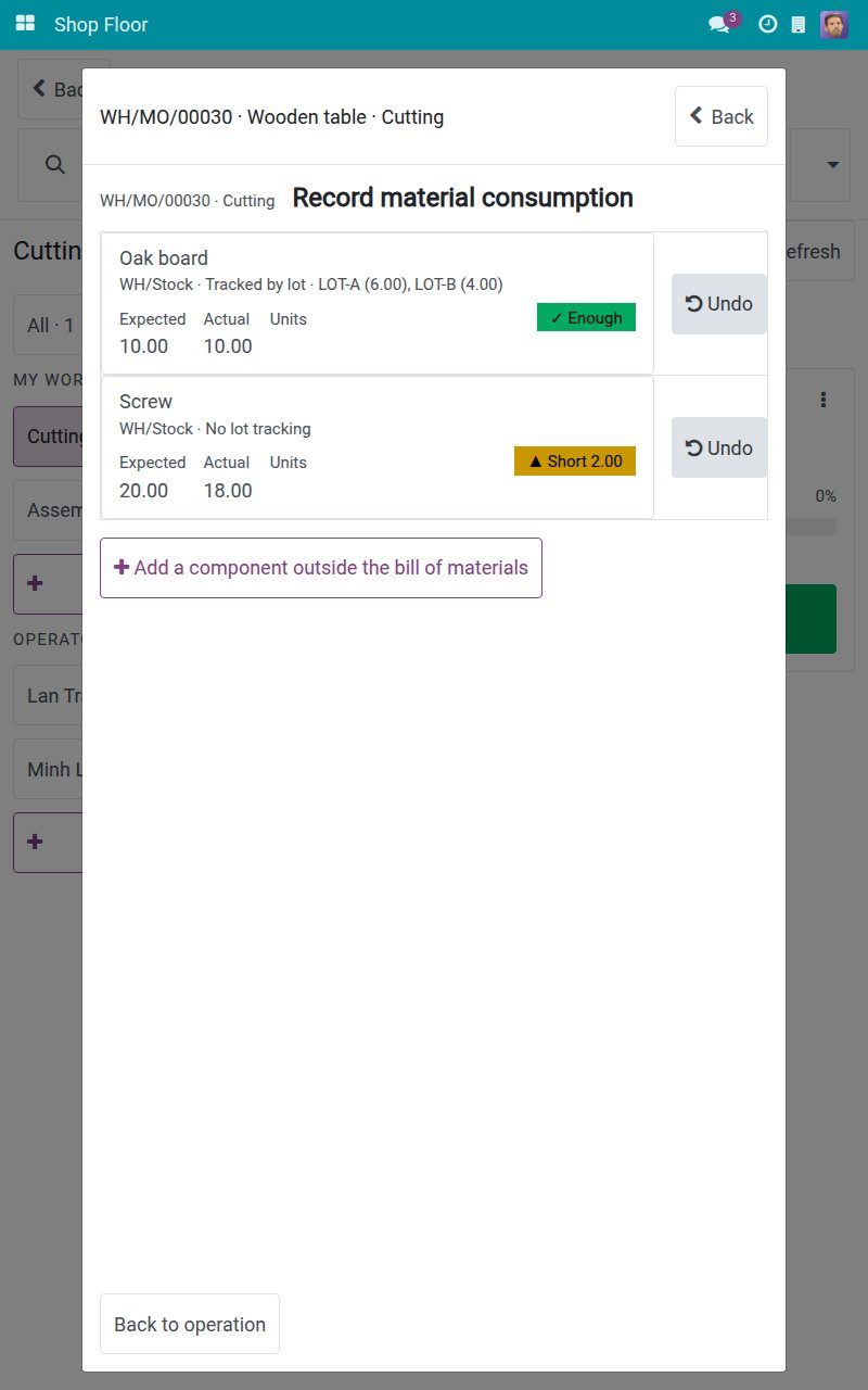 Screw row with the quantity entered