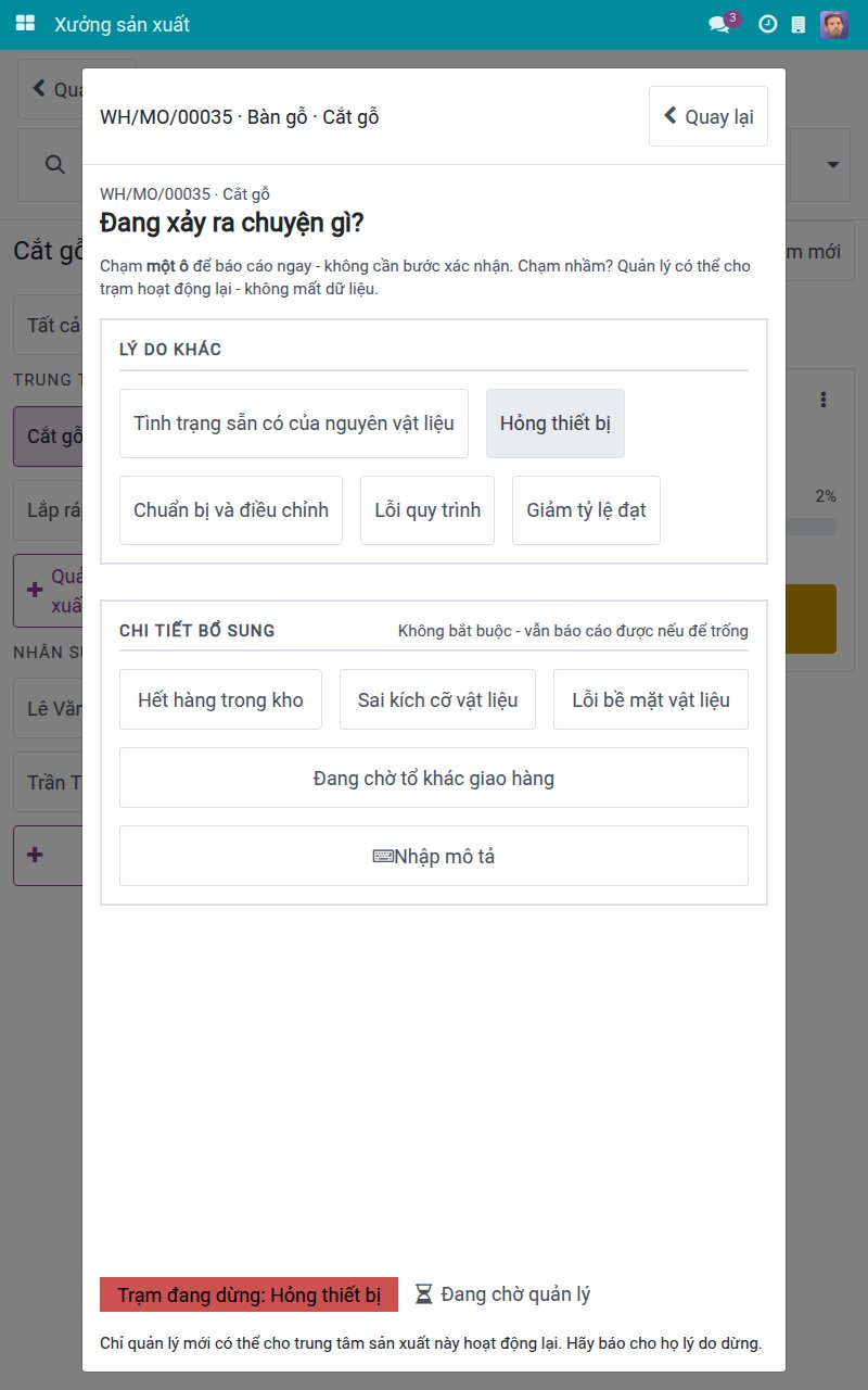 Dải thông báo Trạm đang dừng với lý do đã chọn