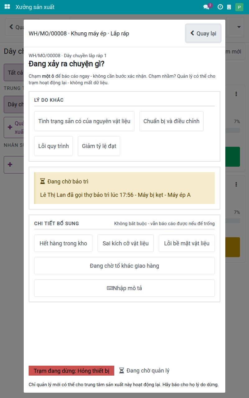 Bảng Đang chờ bảo trì cho biết công nhân đầu tiên đã gọi thợ bảo trì, kèm giờ gọi