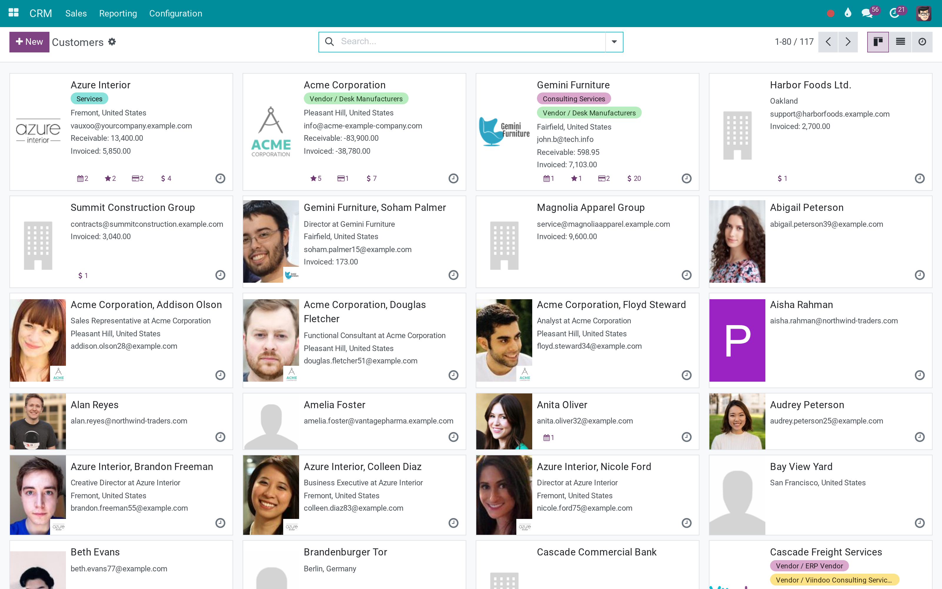 Contacts, where the field can be grouped and filtered