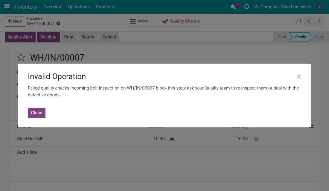 The message saying that failed quality checks block the receipt