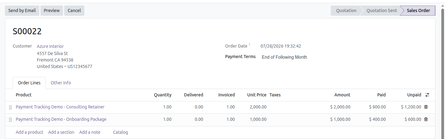 Sales order lines with Paid and Unpaid columns enabled, showing 800/1,200 and 400/600