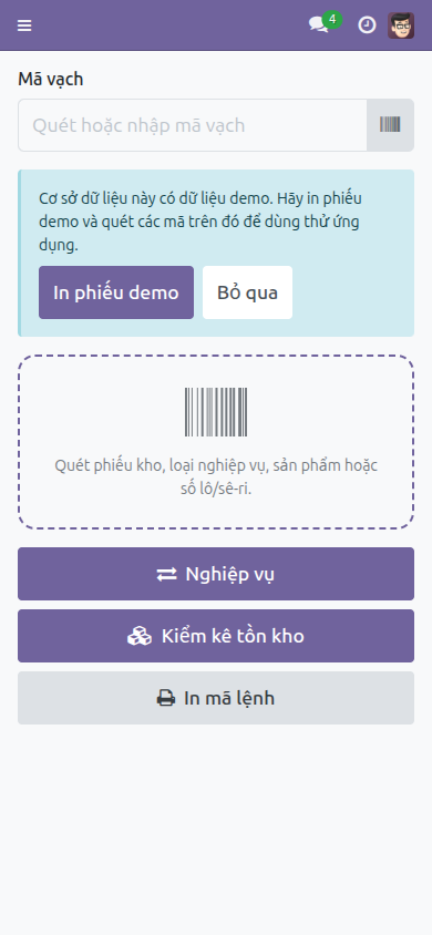 Màn hình chính Mã vạch với ô quét