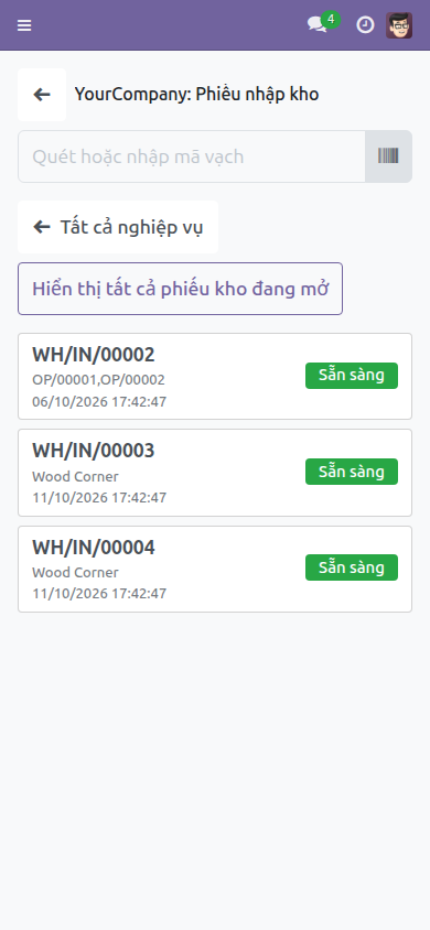 Danh sách nghiệp vụ với các phiếu Sẵn sàng
