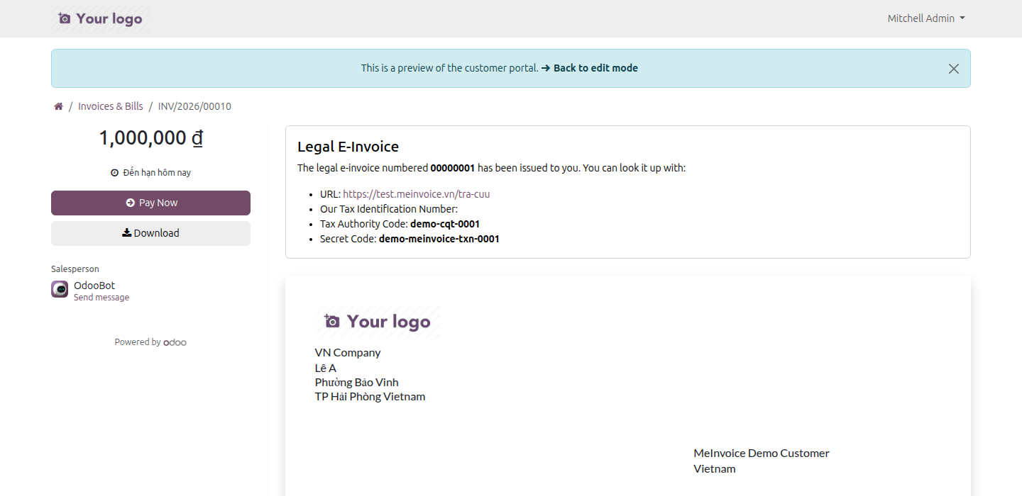 The buyer-facing portal invoice page showing the meInvoice lookup link