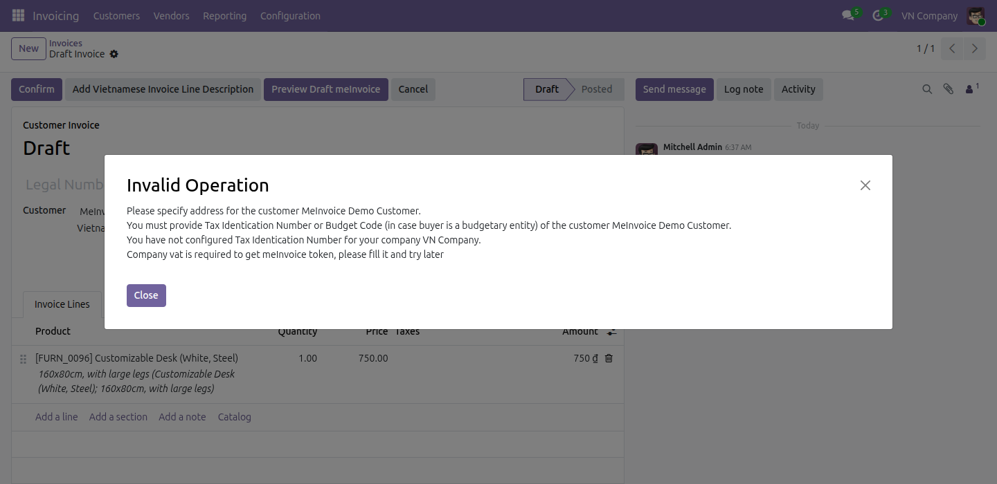 The Preview Draft meInvoice button and its prerequisite check
