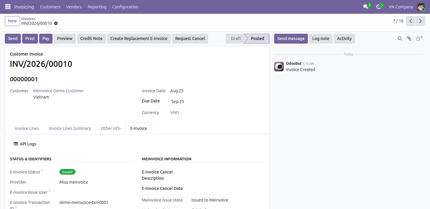 The merged E-Invoice tab with the Meinvoice Information group