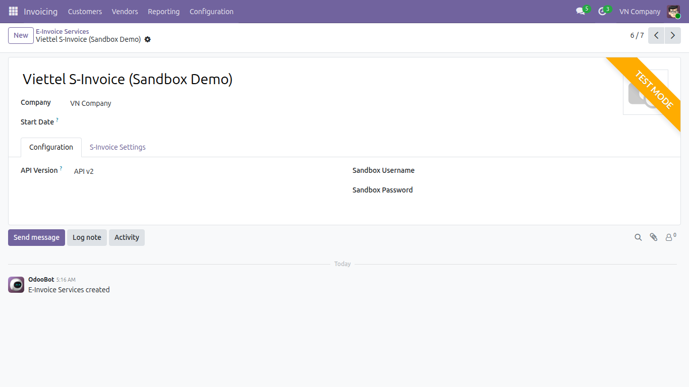 Viettel S-Invoice E-Invoice Service record with its connection fields