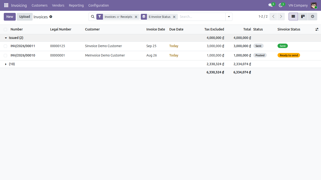 The customer invoice list grouped by E-Invoice Status, showing Viettel S-Invoice alongside another provider