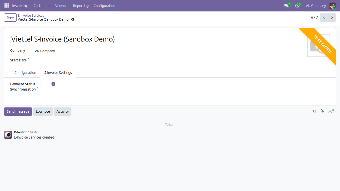 The Payment Status Synchronization toggle on the Viettel S-Invoice service record