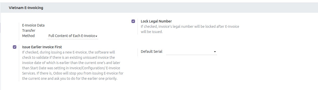 Default Serial field in the Vietnam E-Invoicing settings section