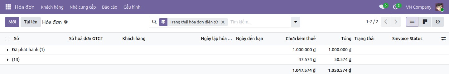 Danh sách hóa đơn được gom nhóm theo Trạng thái hóa đơn điện tử