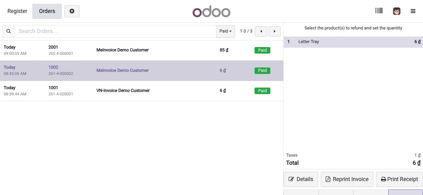 Reprinting a paid order's receipt from the Orders screen