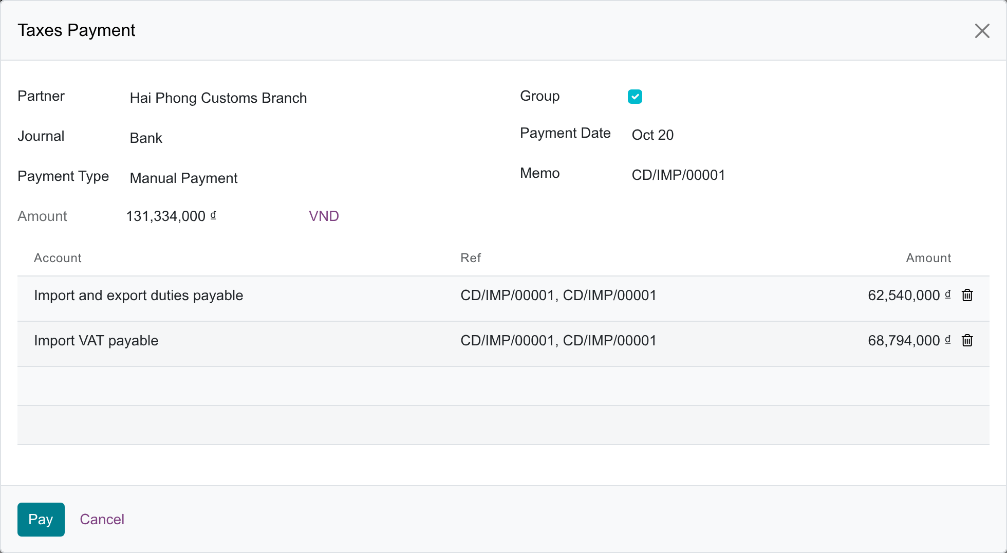 Taxes Payment window of a customs declaration listing the import duties and import VAT payable accounts with their amounts