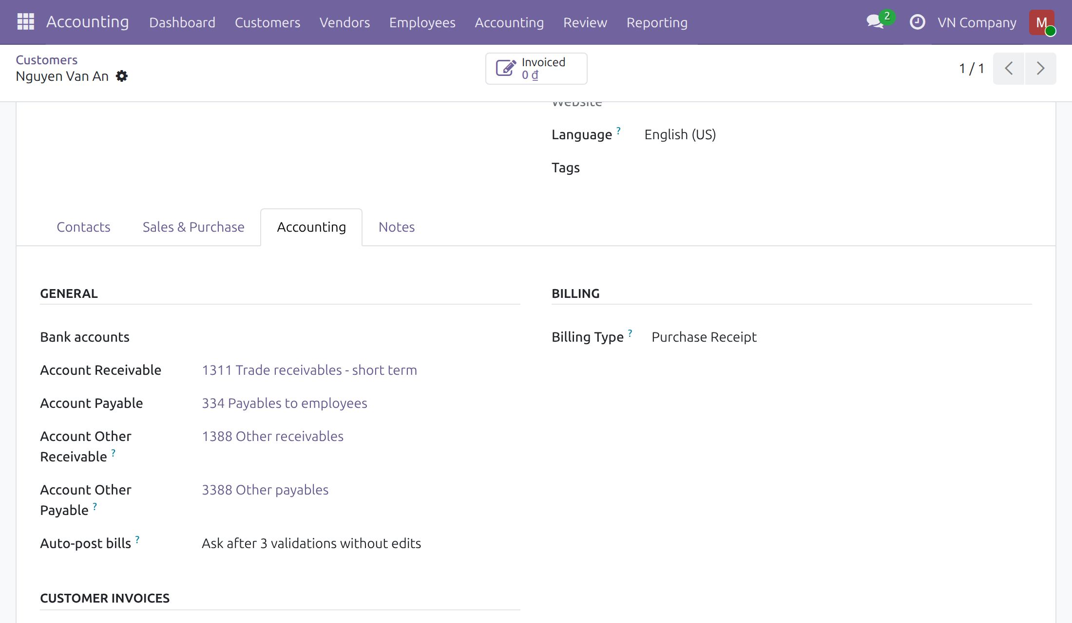 Accounting tab of an employee's work contact showing the account payable