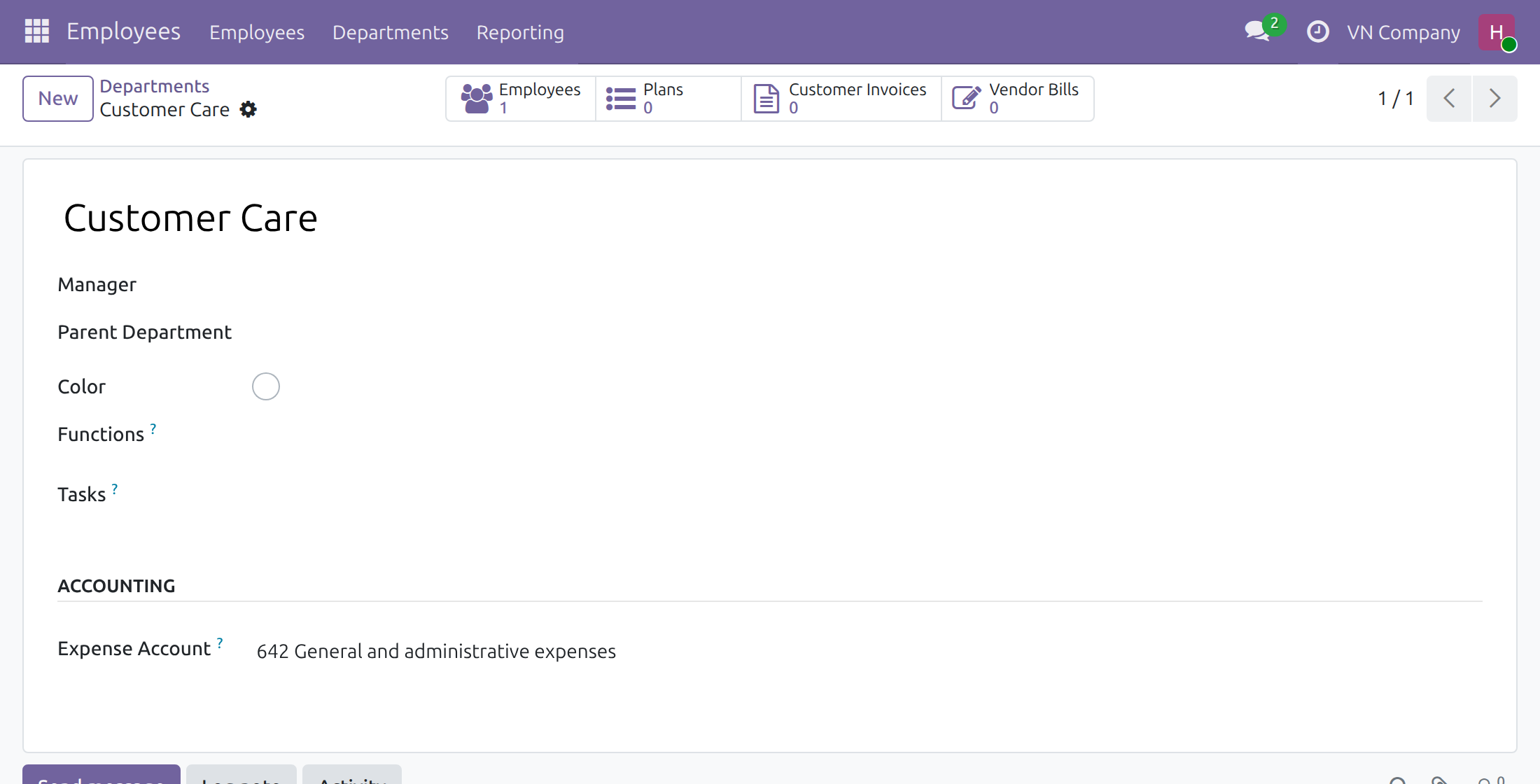 Accounting section of a department showing the expense account