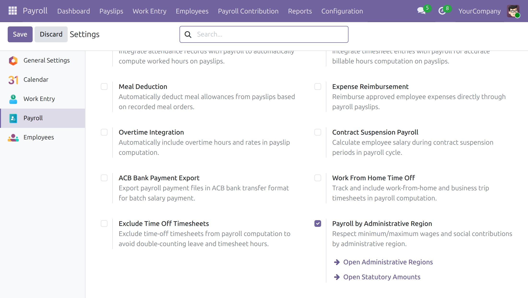 Reach regions and amounts from Payroll settings