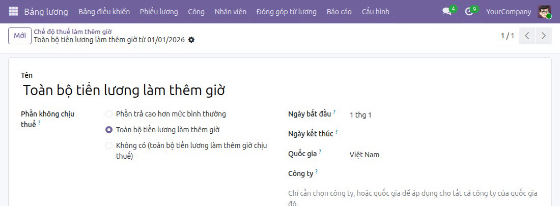 Mở một chế độ để xem phần được miễn thuế và từ ngày nào