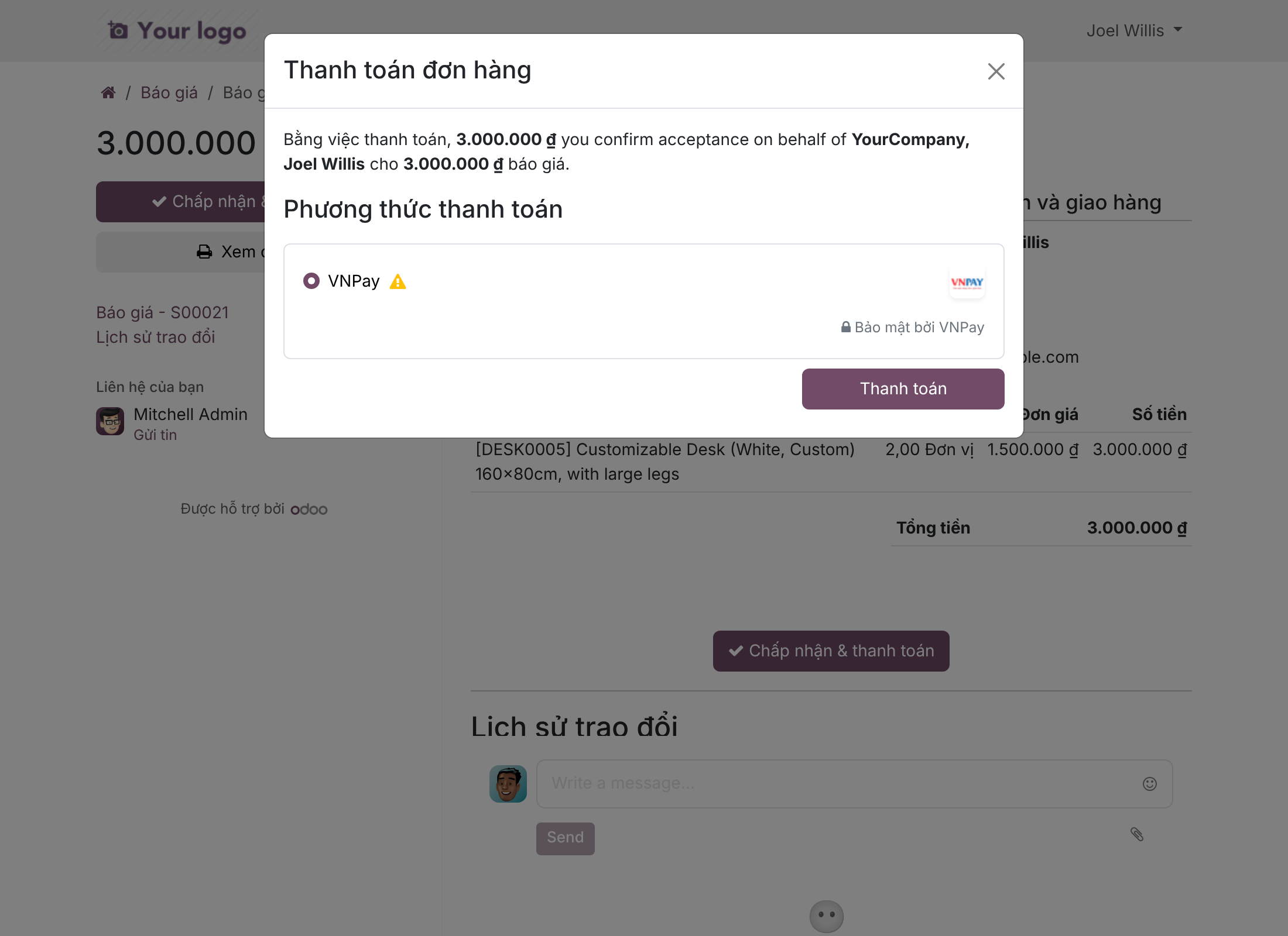 Khách thanh toán đơn hàng bằng VNPay