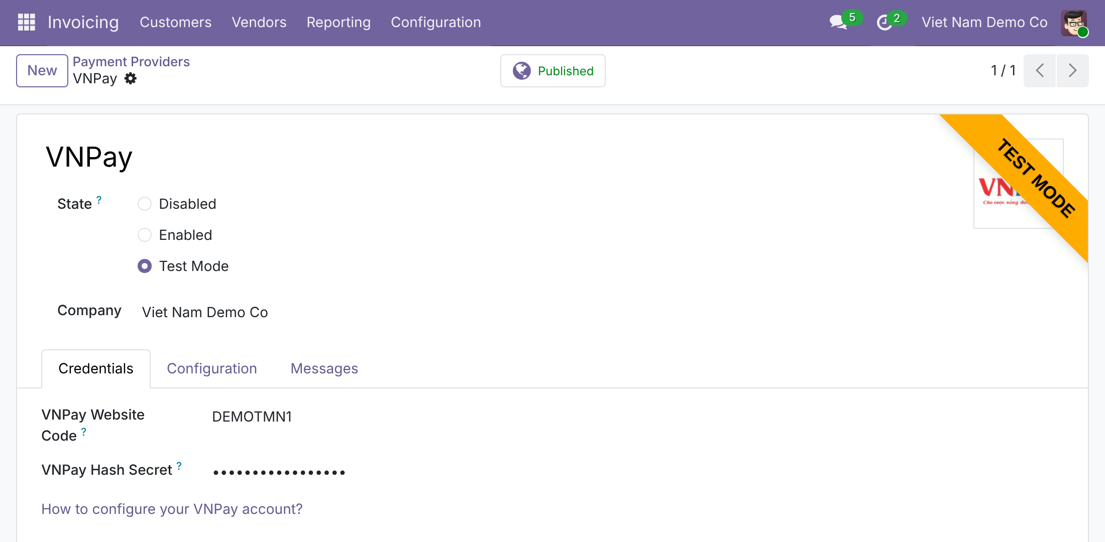 Enter your VNPay credentials