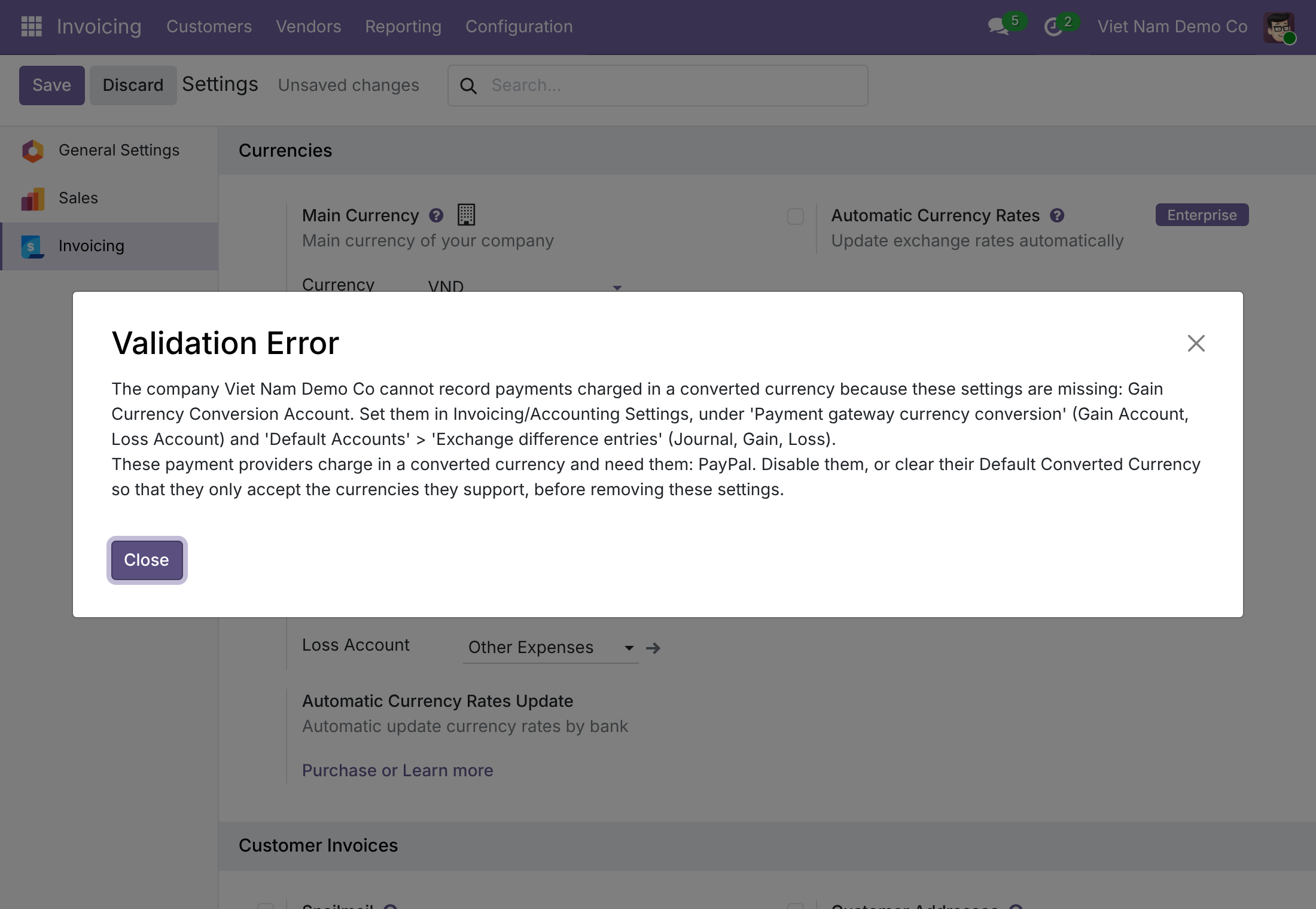 Get refused when the accounting setup is incomplete
