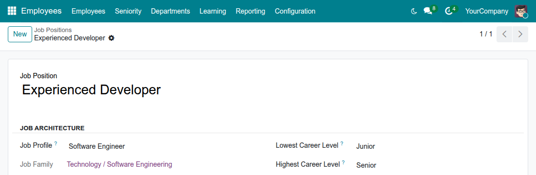 The Job Architecture group of a job position, with the job profile and the range of career levels