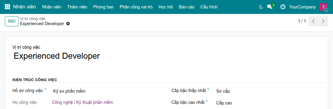 Nhóm Kiến trúc công việc của một vị trí công việc, với hồ sơ công việc và khoảng cấp bậc