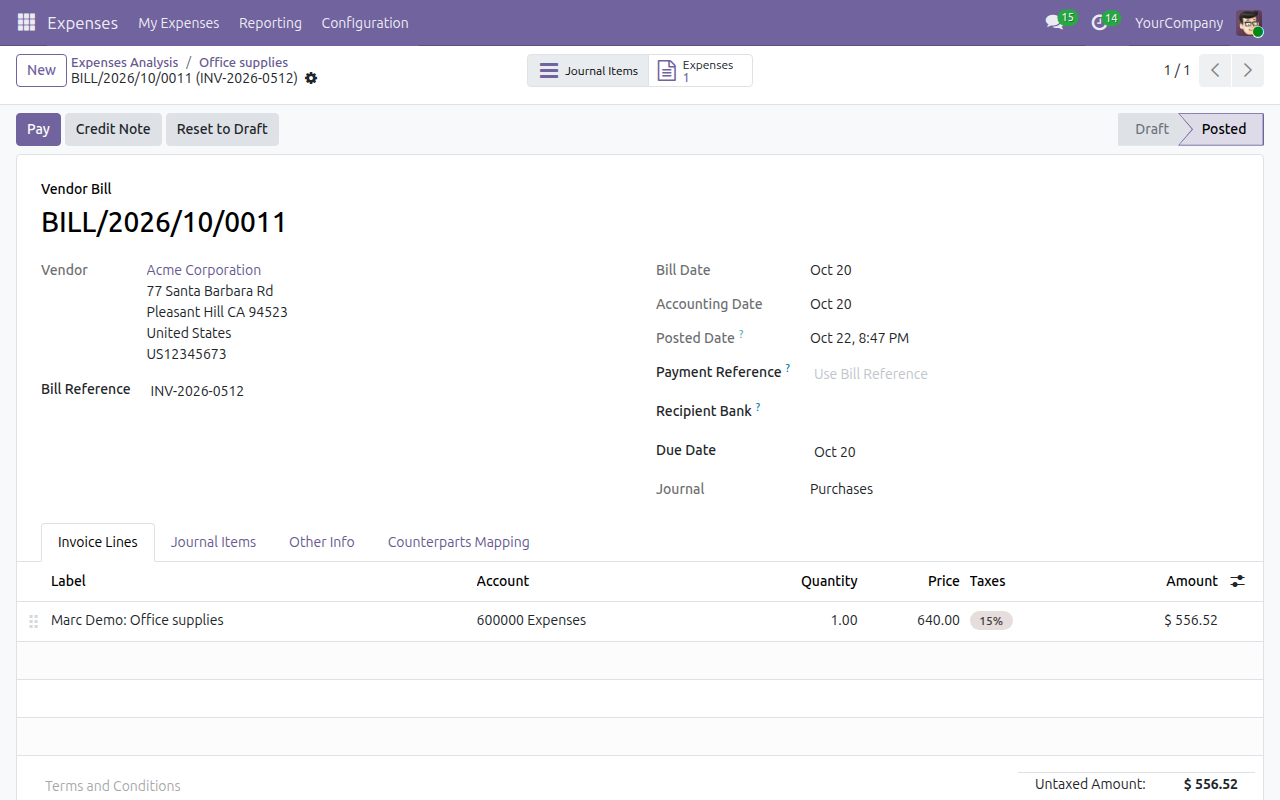 The vendor bill of a company-paid expense, still to be paid to the vendor