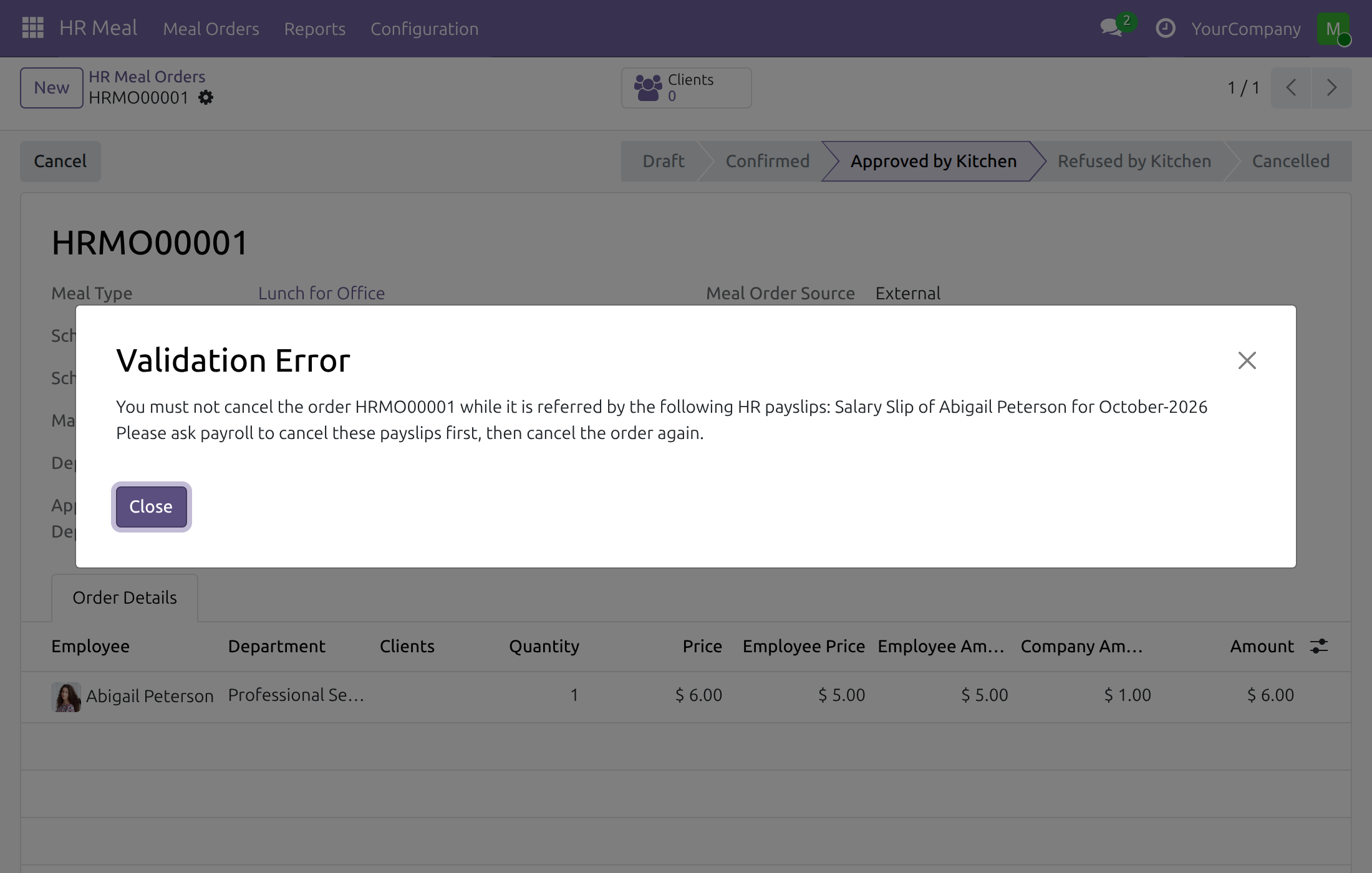 Validation Error when a meal order that is on a payslip is cancelled