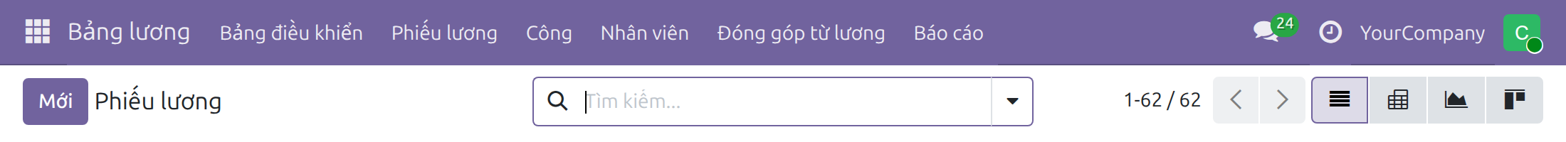 Thanh menu Bảng lương của Cán bộ Bảng lương không có menu Cấu hình