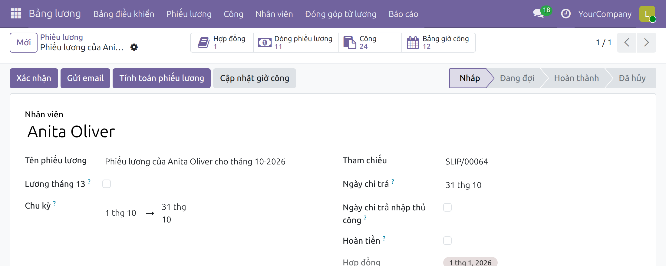 Phiếu lương nháp với nút Cập nhật giờ công
