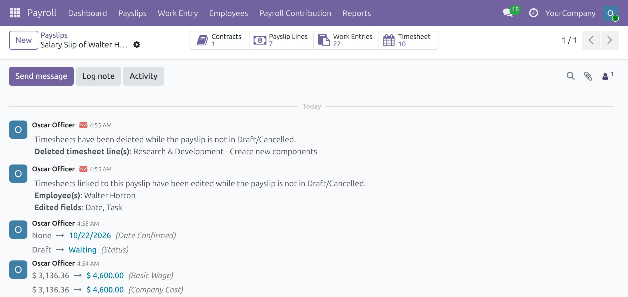 Chatter of a confirmed payslip with the notes about an edited and a deleted timesheet line