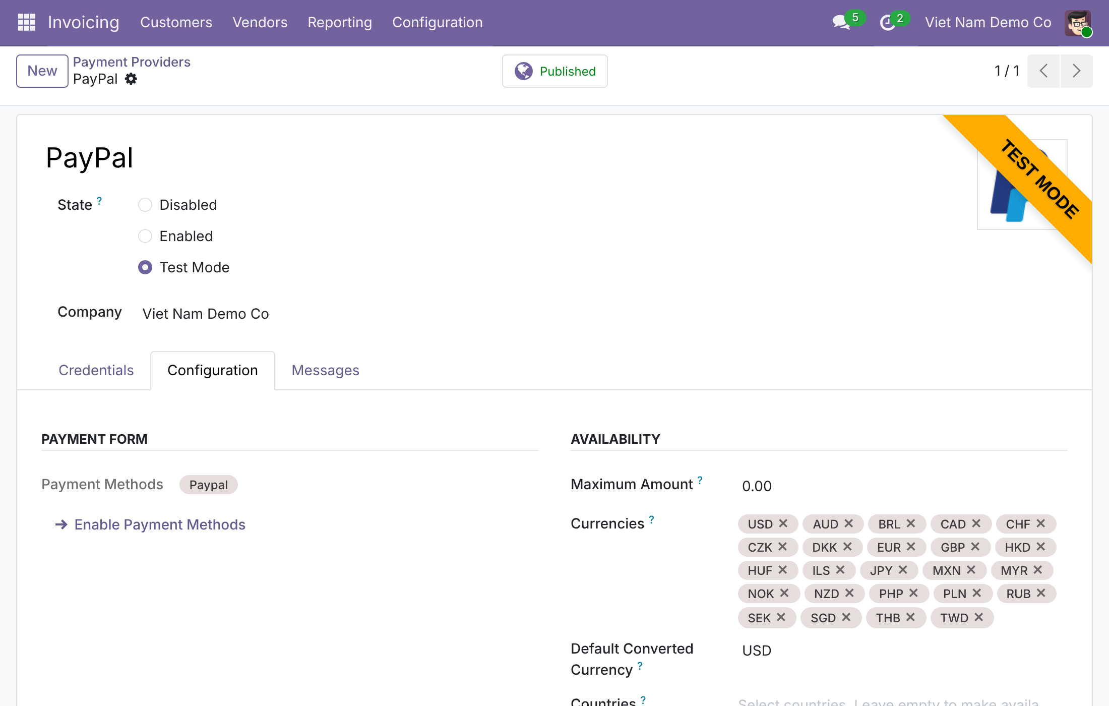 PayPal provider with Default Converted Currency set to USD