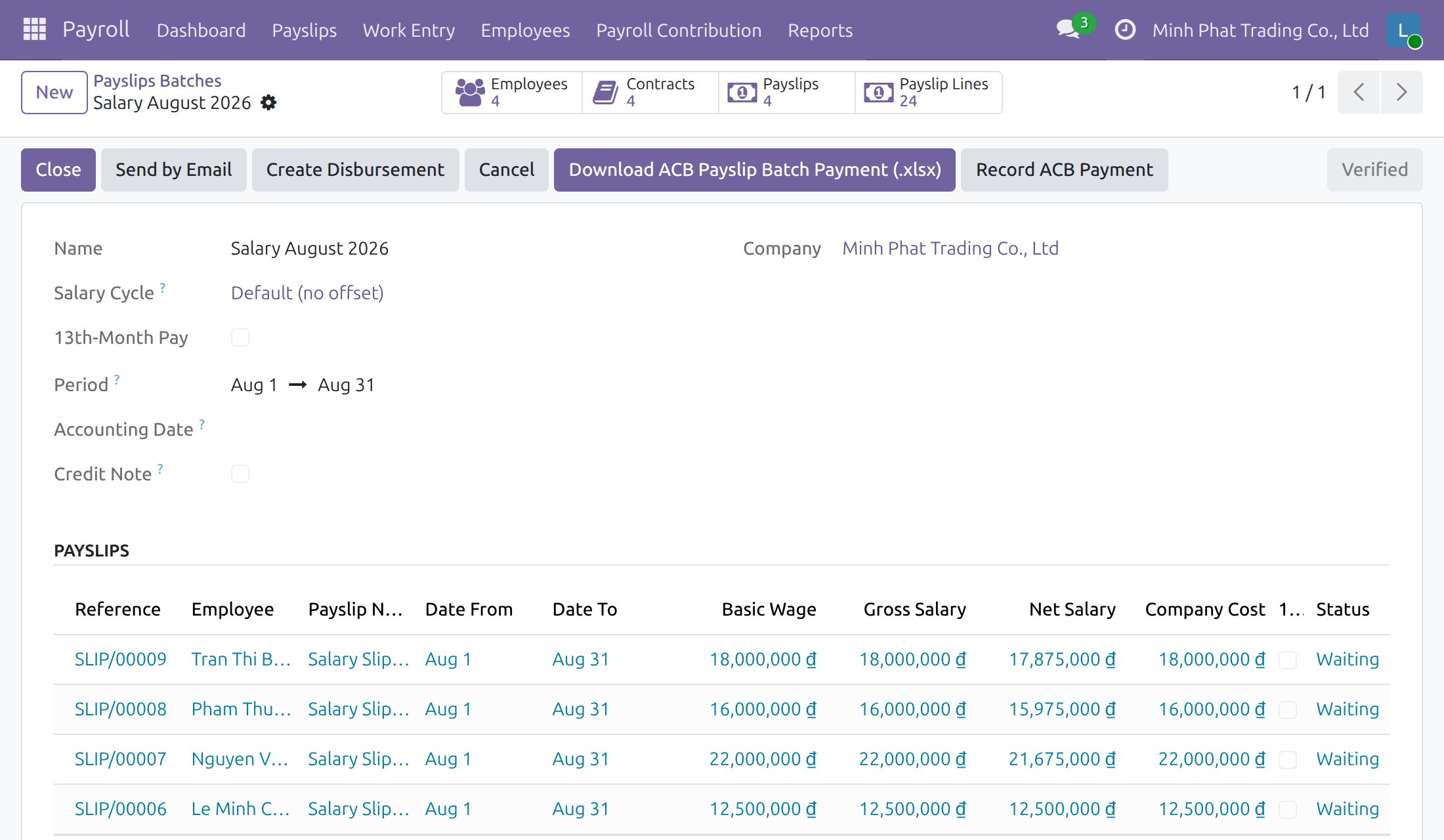 Download the ACB payment list from a verified batch