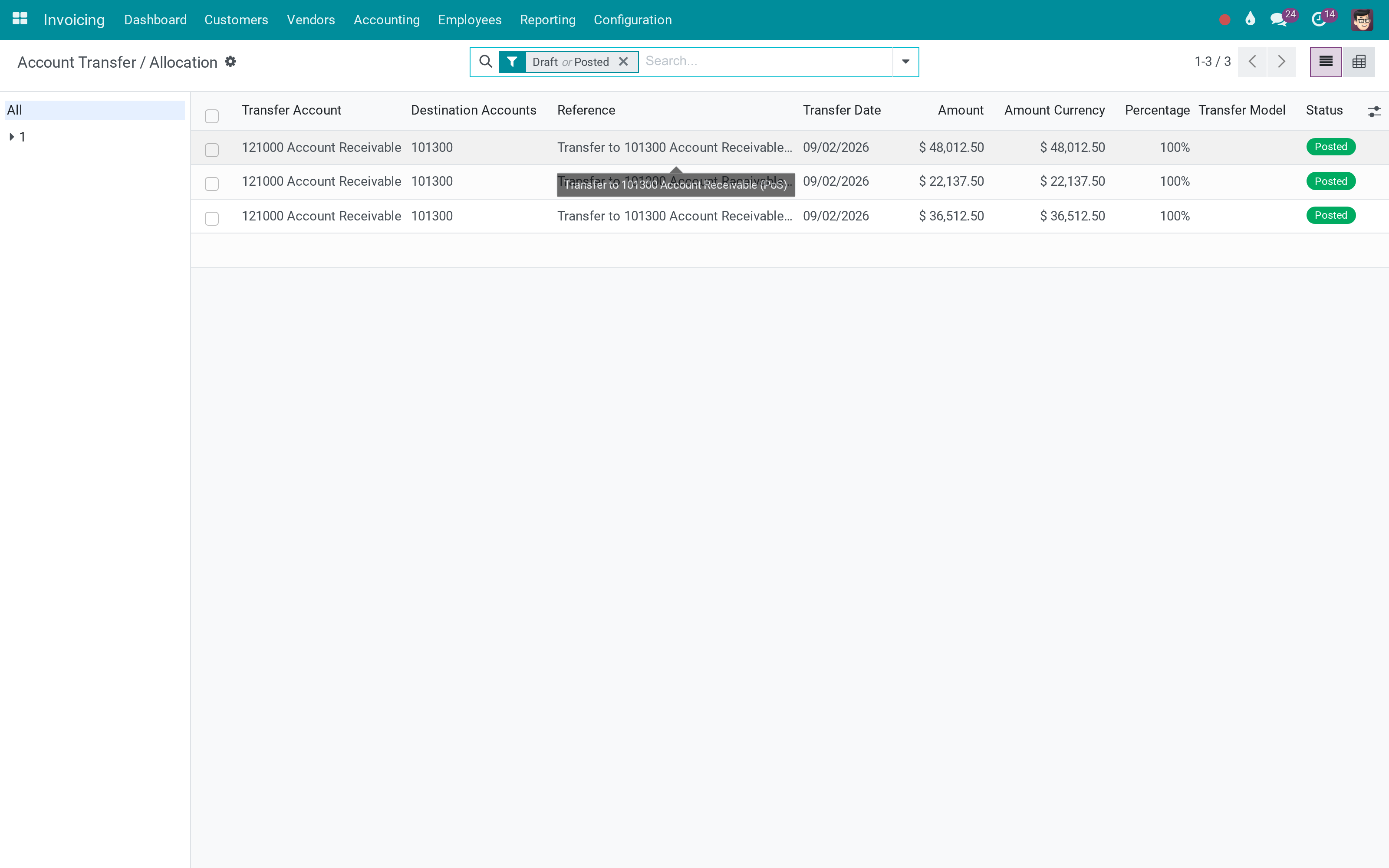 Every allocation, with account, amount, percentage and state