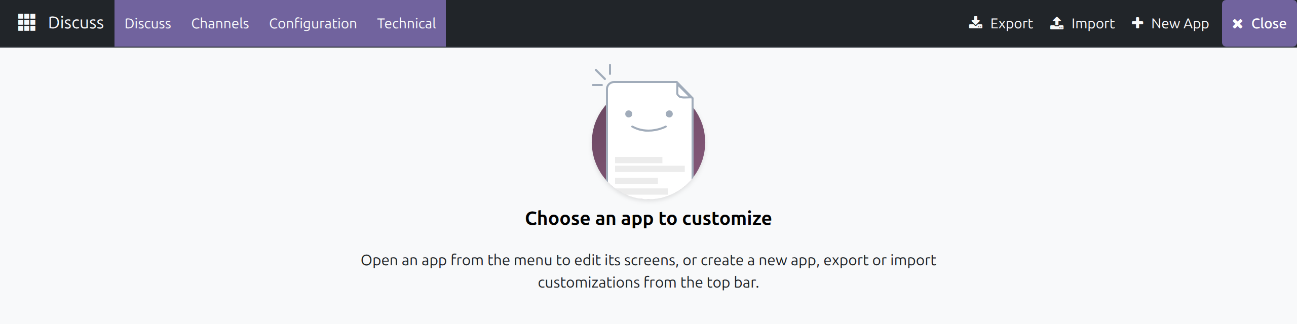 The Customizer landing page with the Choose an app to customize message and the Export, Import, New App and Close buttons in the top bar