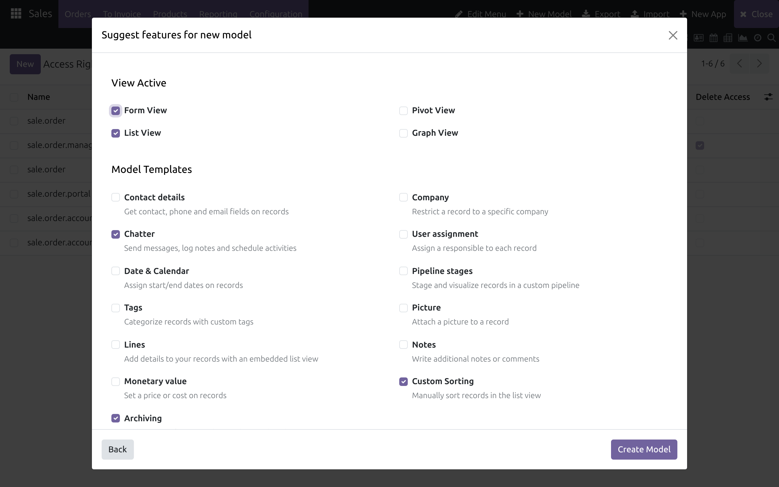The Suggest features for new model dialog with the View Active checkboxes, the Model Templates, and the Back and Create Model buttons