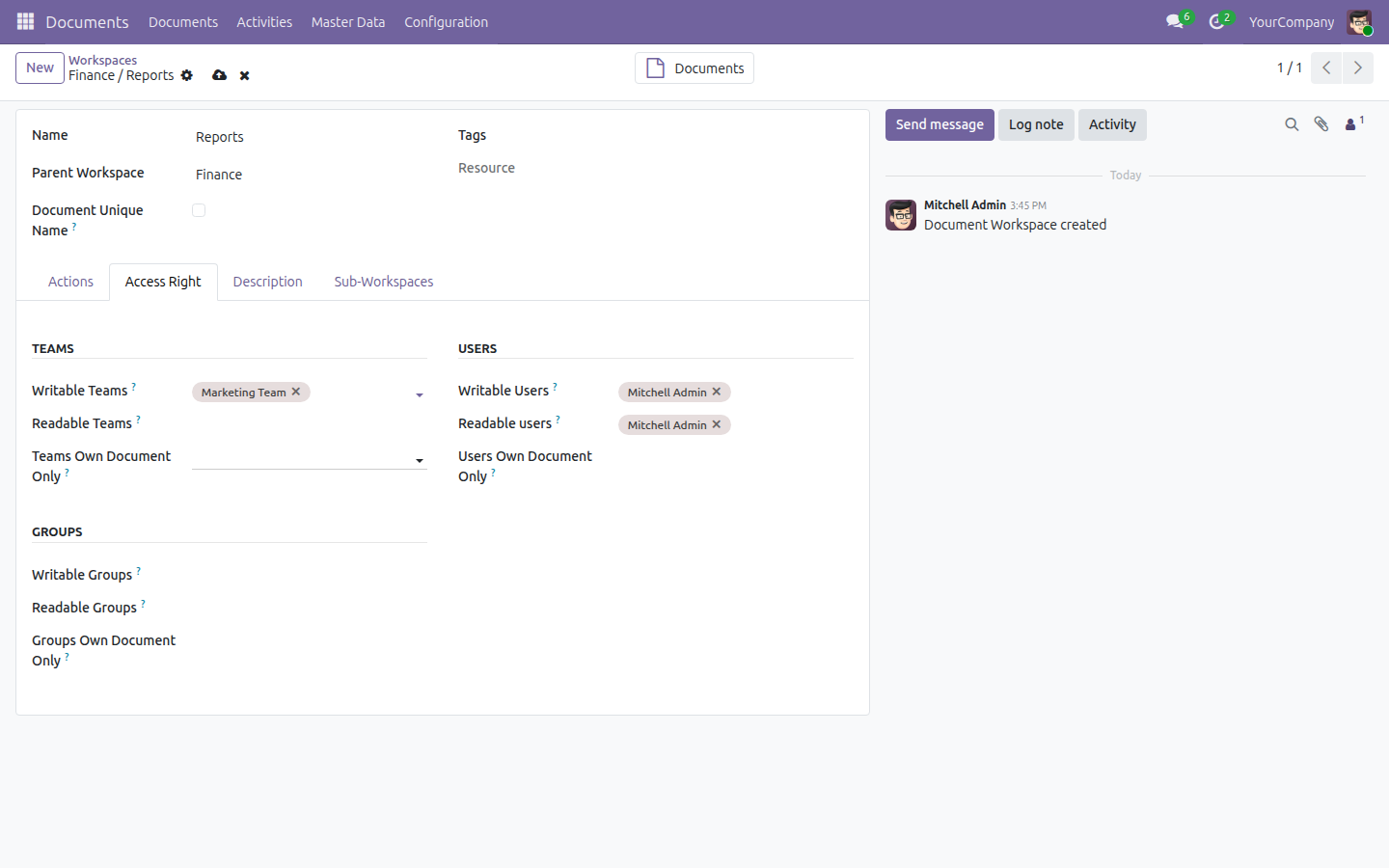 A workspace's Access Right tab, showing a team added to Writable Teams alongside individually-granted users.