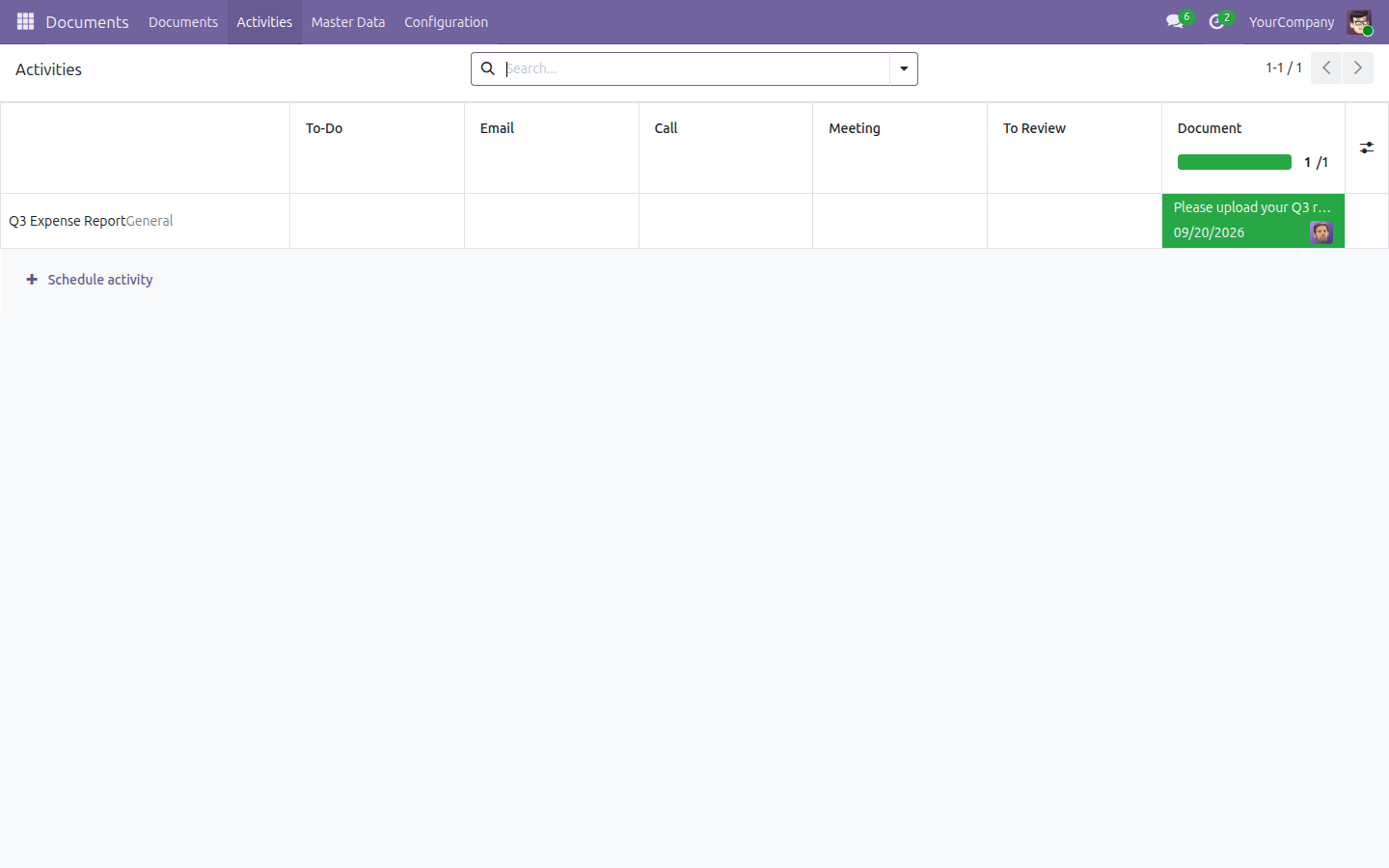 The Activities view listing a scheduled document request, grouped under the Document activity type, with its deadline and workspace shown.